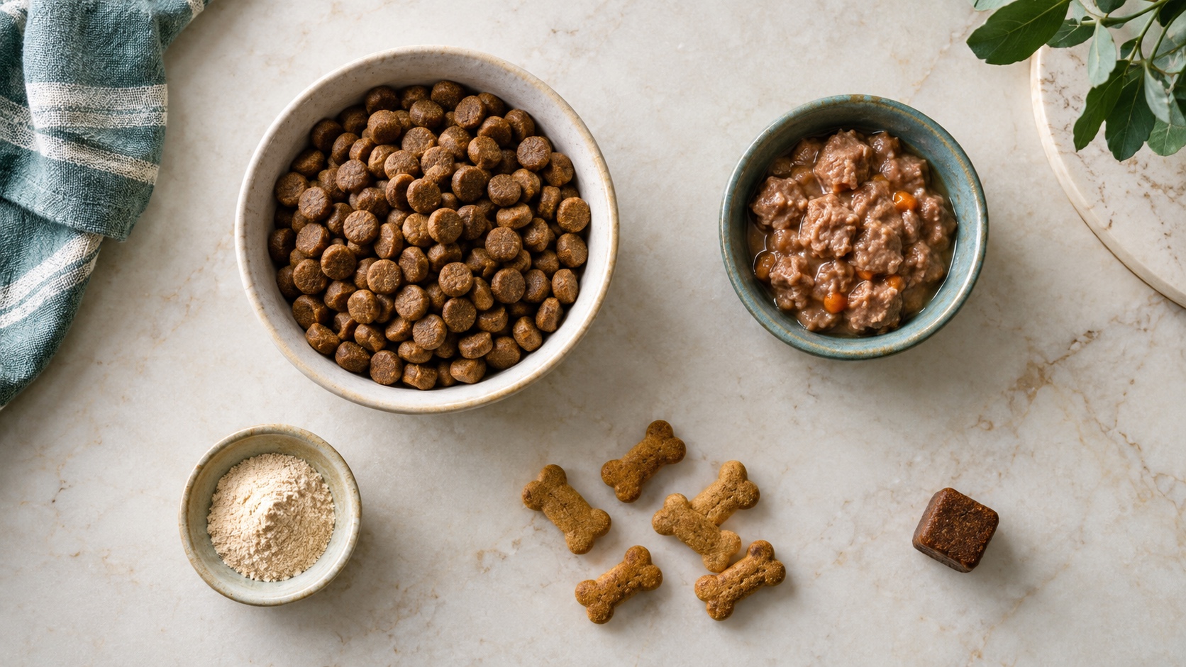 An overhead arrangement of unbranded dog food formats including kibble, wet food, powdered topper, treats, and a supplement chew